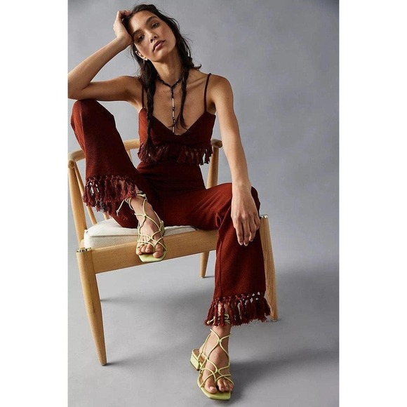 Saylor Pants - NWT Saylor Brown Fringed Cut Out Straight Leg Jumpsuit Size S